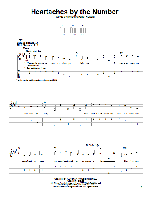 Heartaches By The Number (Easy Guitar Tab) von Guy Mitchell