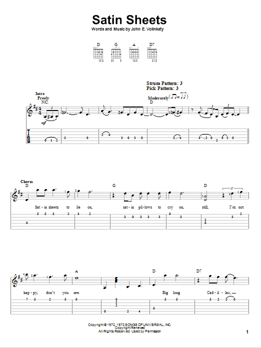 Satin Sheets (Easy Guitar Tab) von Jeanne Pruett