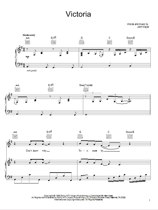 Victoria (Piano, Vocal & Guitar Chords (Right-Hand Melody)) von John Mayer