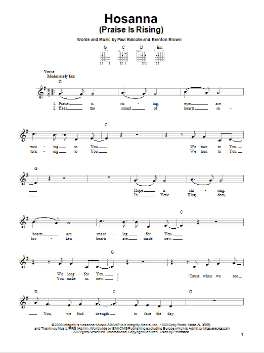 Hosanna (Praise Is Rising) (Easy Guitar) von Paul Baloche
