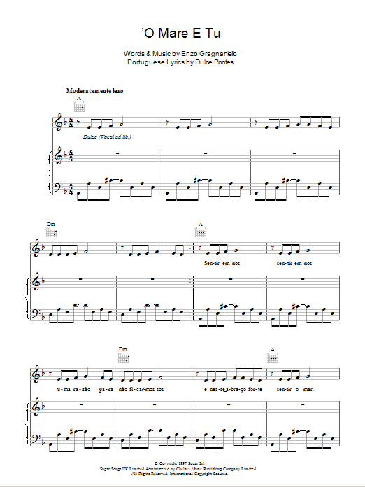 'O Mare E Tu (Piano, Vocal & Guitar Chords) von Andrea Bocelli