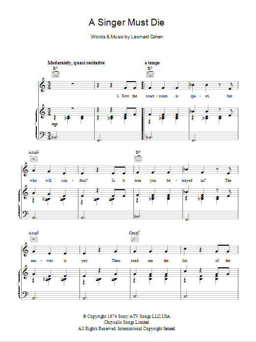 A Singer Must Die (Piano, Vocal & Guitar Chords) von Leonard Cohen