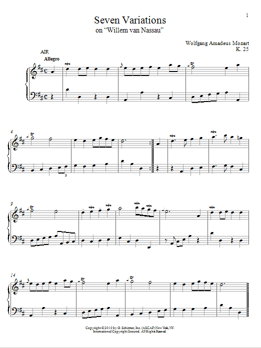 Seven Variations on Willem van Nassau, K. 25 (Piano Solo) von Wolfgang Amadeus Mozart