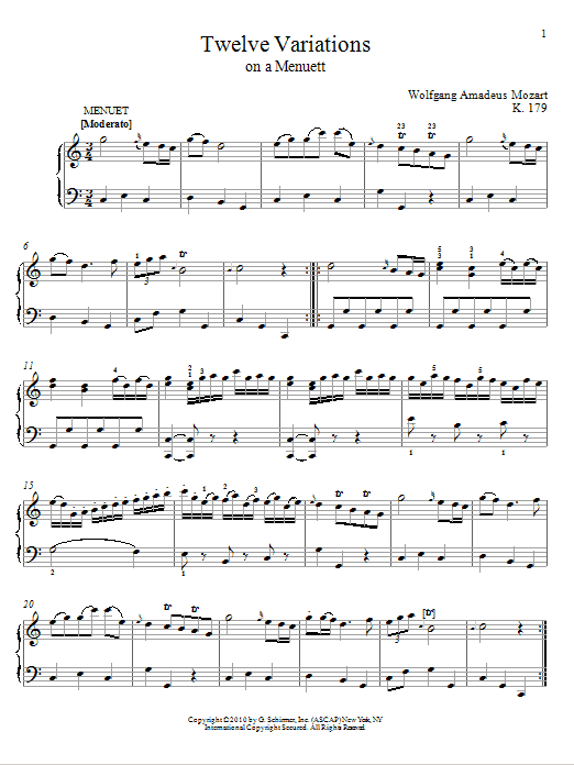 Twelve Variations on A Menuett, K. 179 (Piano Solo) von Wolfgang Amadeus Mozart