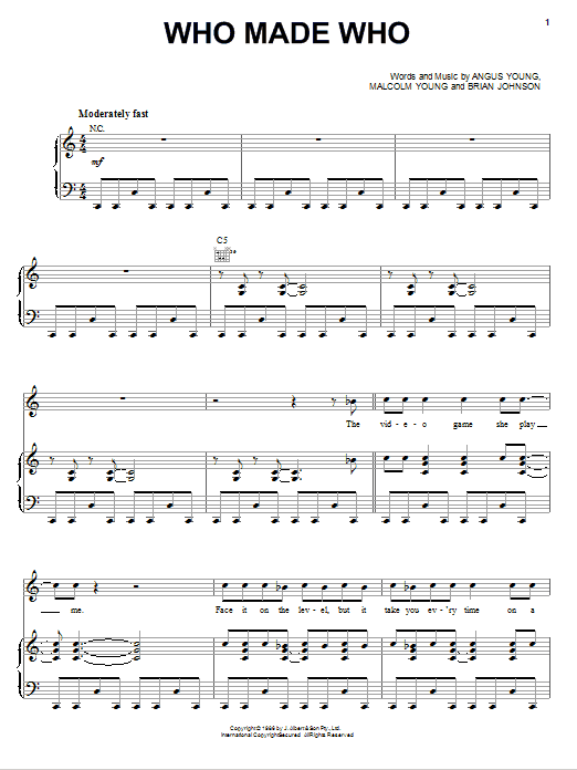Who Made Who (Piano, Vocal & Guitar Chords (Right-Hand Melody)) von AC/DC
