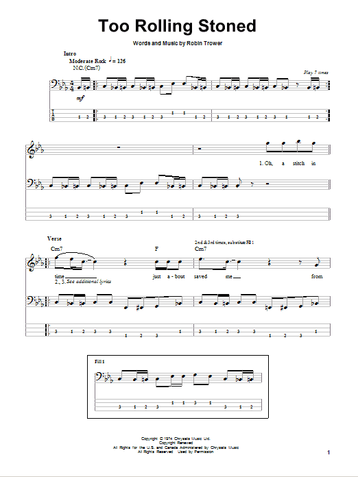 Too Rolling Stoned (Bass Guitar Tab) von Robin Trower