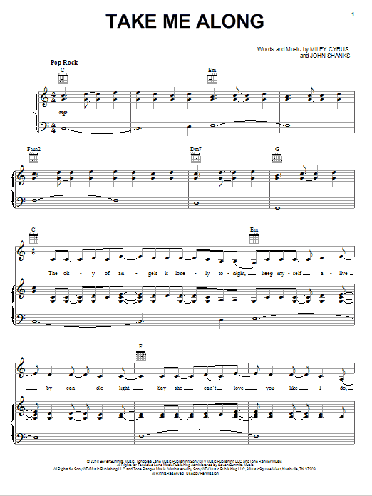 Take Me Along (Piano, Vocal & Guitar Chords (Right-Hand Melody)) von Miley Cyrus
