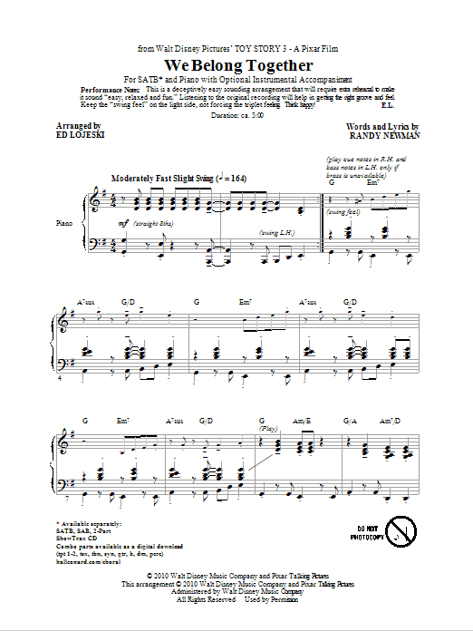We Belong Together (from Toy Story 3) (arr. Ed Lojeski) (SATB Choir) von Randy Newman