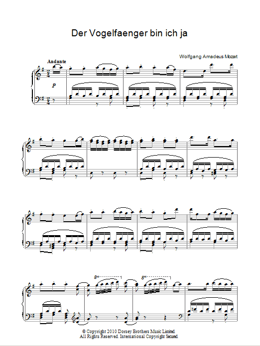 Der Vogelfanger Bin Ich Ja (Piano Solo) von Wolfgang Amadeus Mozart
