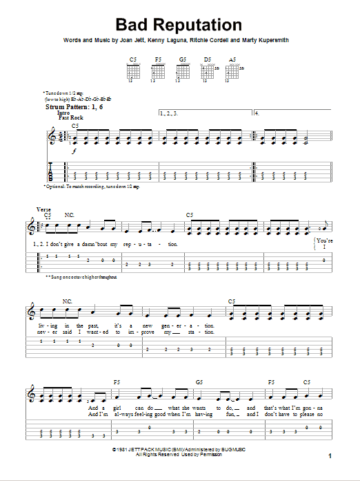 Bad Reputation (Easy Guitar Tab) von Joan Jett
