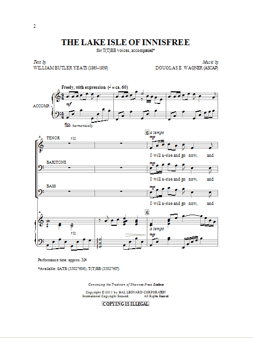 The Lake Isle Of Innisfree (TTBB Choir) von Douglas E. Wagner