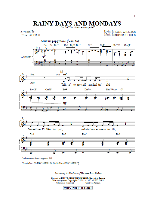 Rainy Days And Mondays (SATB Choir) von Steve Zegree