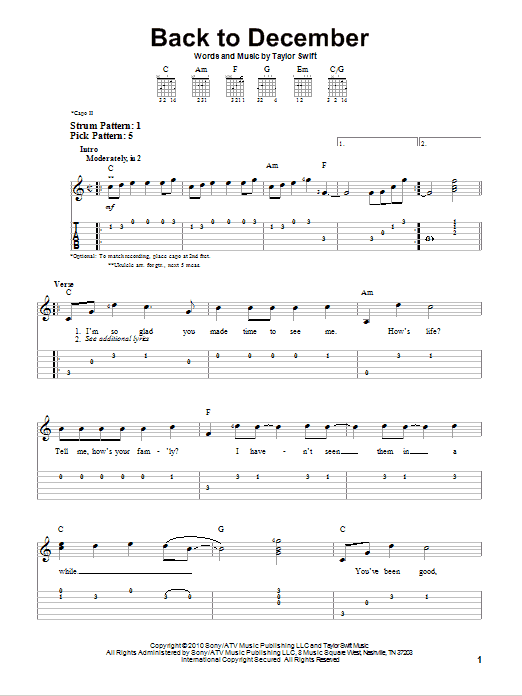 Back To December (Easy Guitar Tab) von Taylor Swift