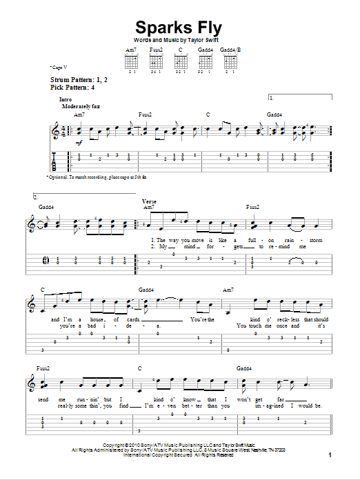 Sparks Fly (Easy Guitar Tab) von Taylor Swift