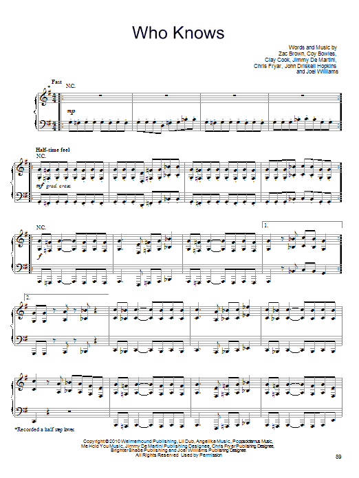 Who Knows (Piano, Vocal & Guitar Chords (Right-Hand Melody)) von Zac Brown Band