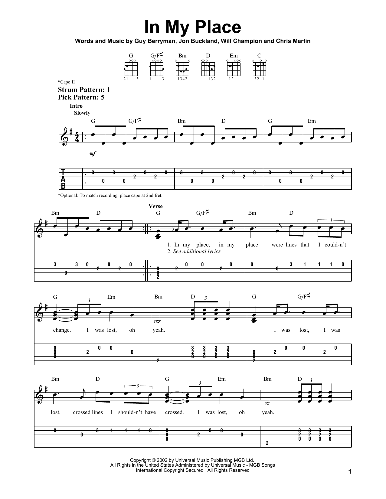 In My Place (Easy Guitar Tab) von Coldplay