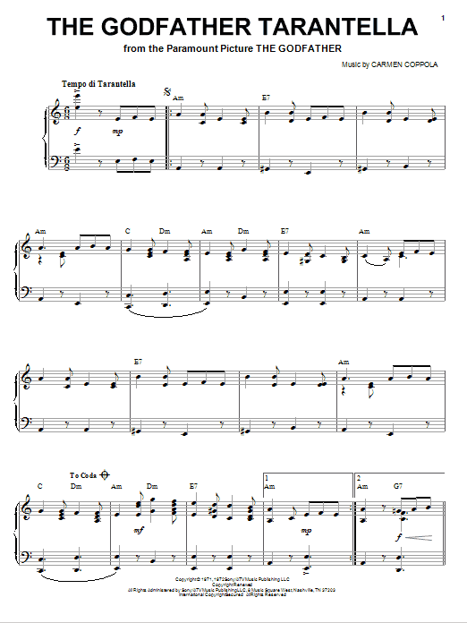 The Godfather Tarantella (Piano, Vocal & Guitar Chords (Right-Hand Melody)) von Carmen Coppola