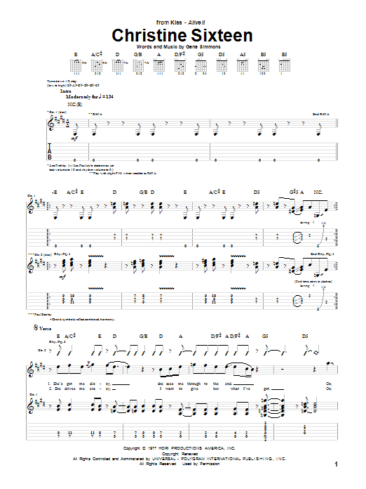 Christine Sixteen (Guitar Tab) von KISS