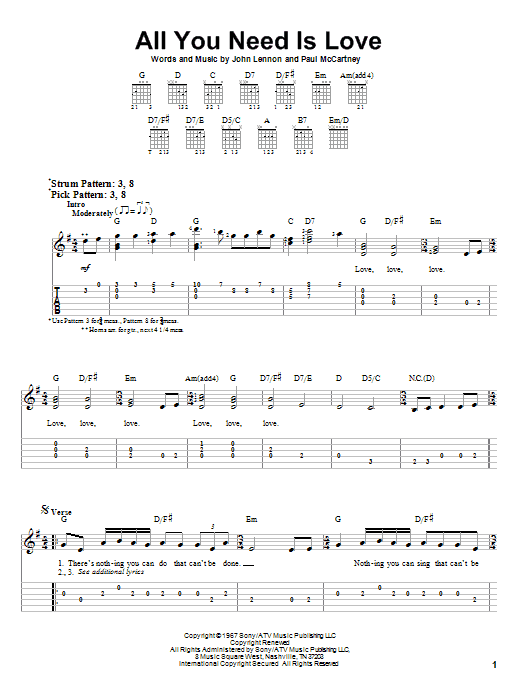 All You Need Is Love (Easy Guitar Tab) von The Beatles