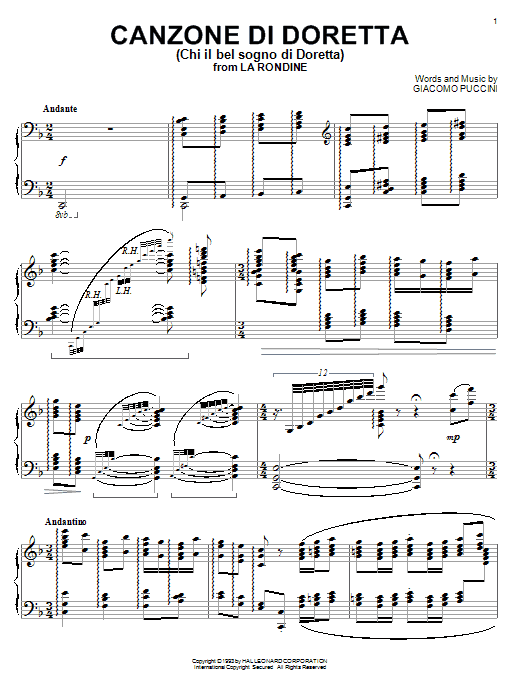 Canzone di Doretta (Piano Solo) von Giacomo Puccini