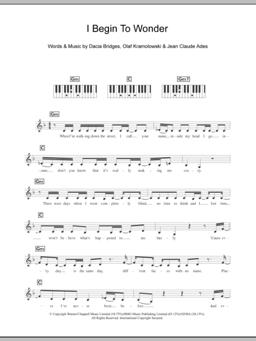 I Begin To Wonder (Piano Chords/Lyrics) von Dannii Minogue