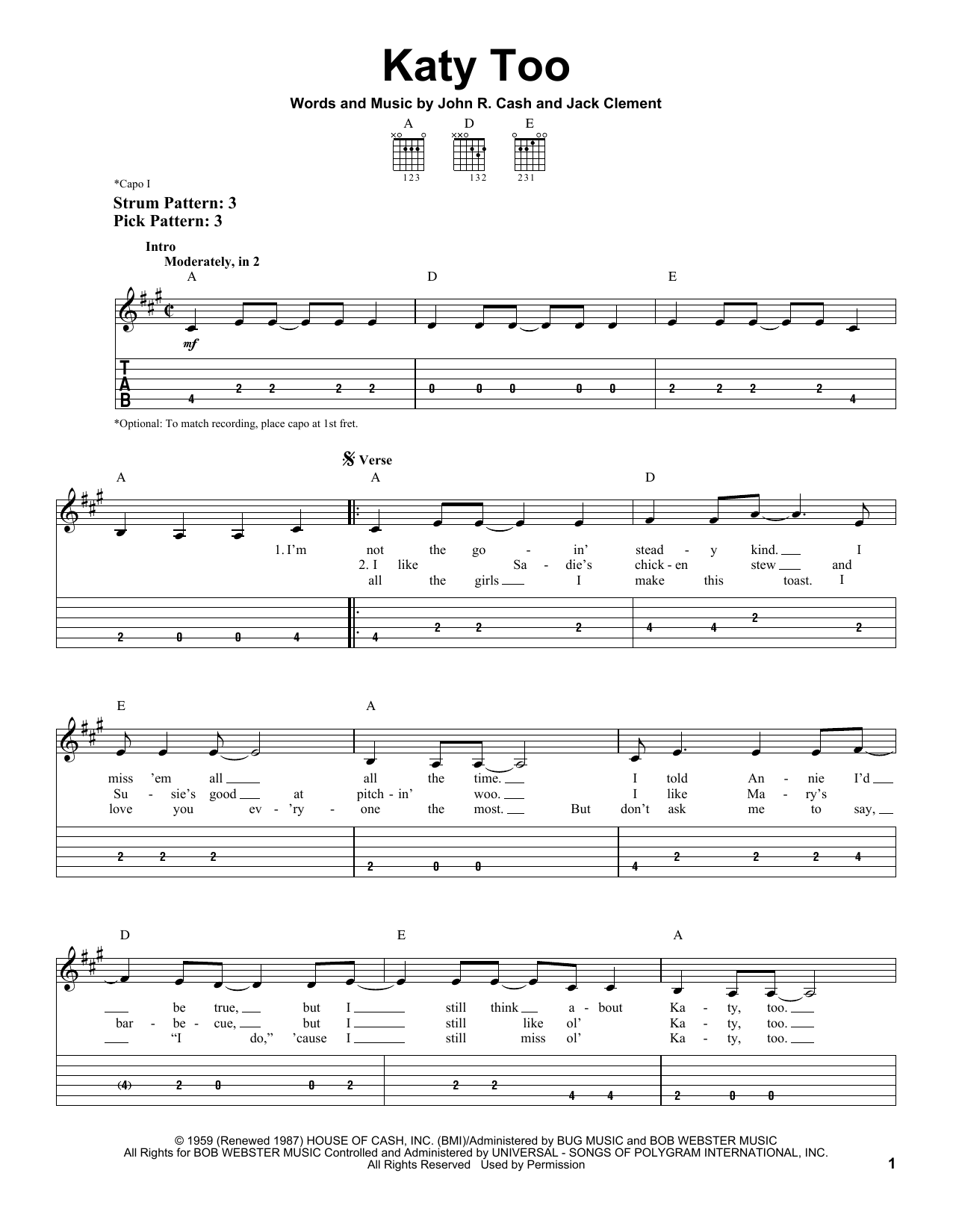 Katy Too (Easy Guitar Tab) von Johnny Cash
