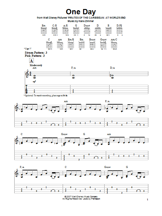 One Day (from Pirates Of The Caribbean: At World's End) (Easy Guitar Tab) von Hans Zimmer