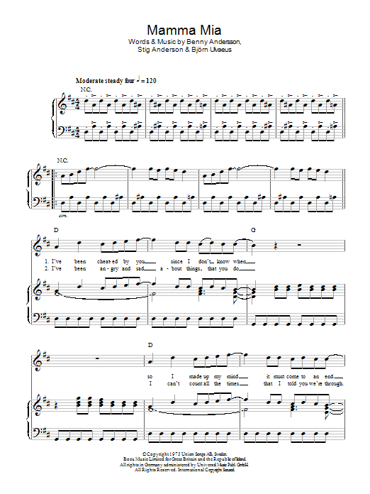 Mamma Mia (Piano, Vocal & Guitar Chords) von ABBA