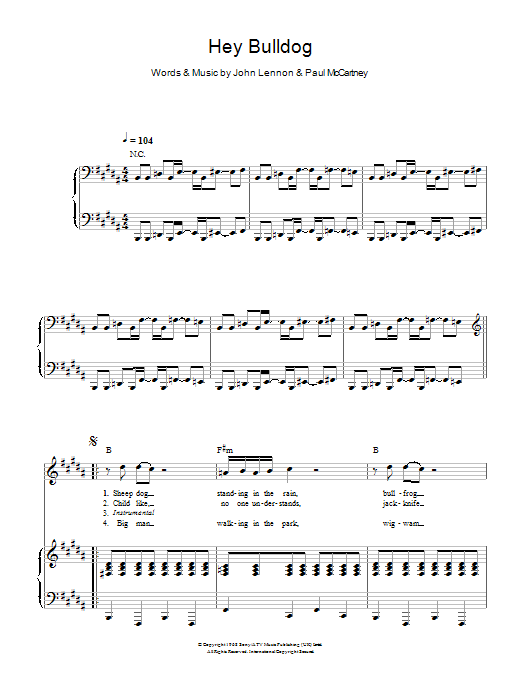 Hey Bulldog (Piano, Vocal & Guitar Chords) von The Beatles