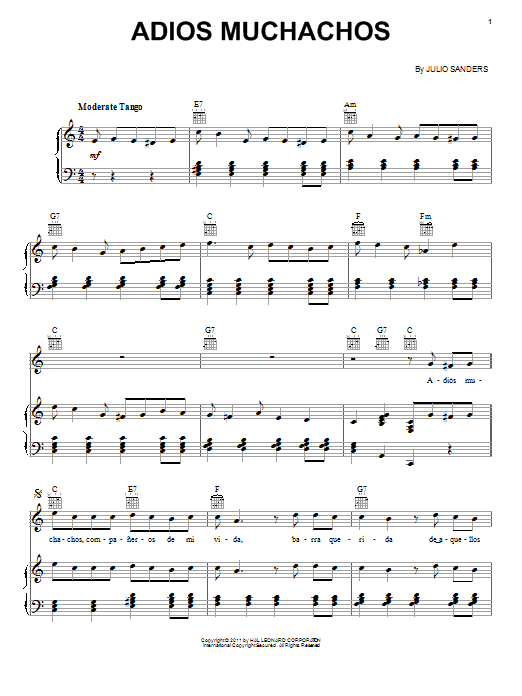 Adios Muchachos (Farewell Boys) (Piano, Vocal & Guitar Chords (Right-Hand Melody)) von Julio Cesar Sanders