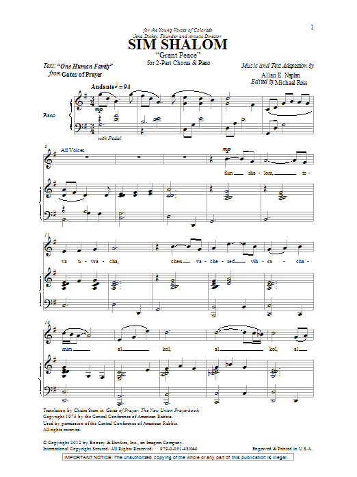 Sim Shalom (Grant Peace) (2-Part Choir) von Allan Naplan