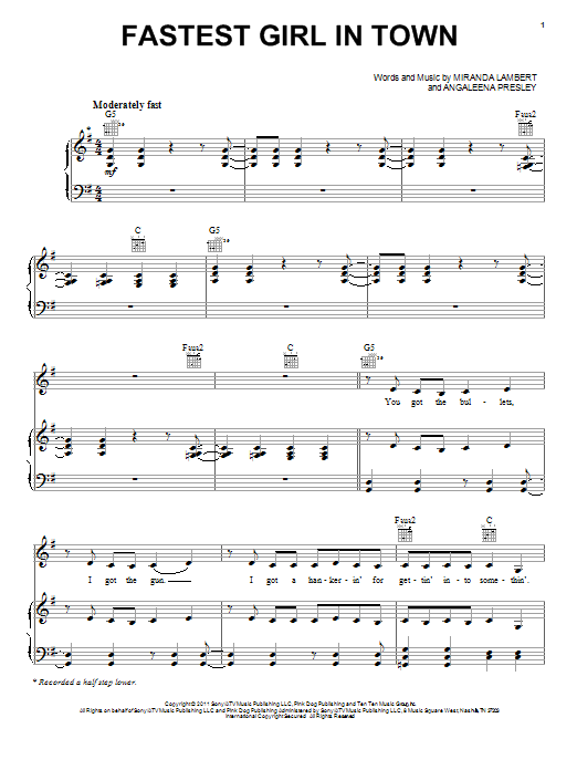 Fastest Girl In Town (Piano, Vocal & Guitar Chords (Right-Hand Melody)) von Miranda Lambert