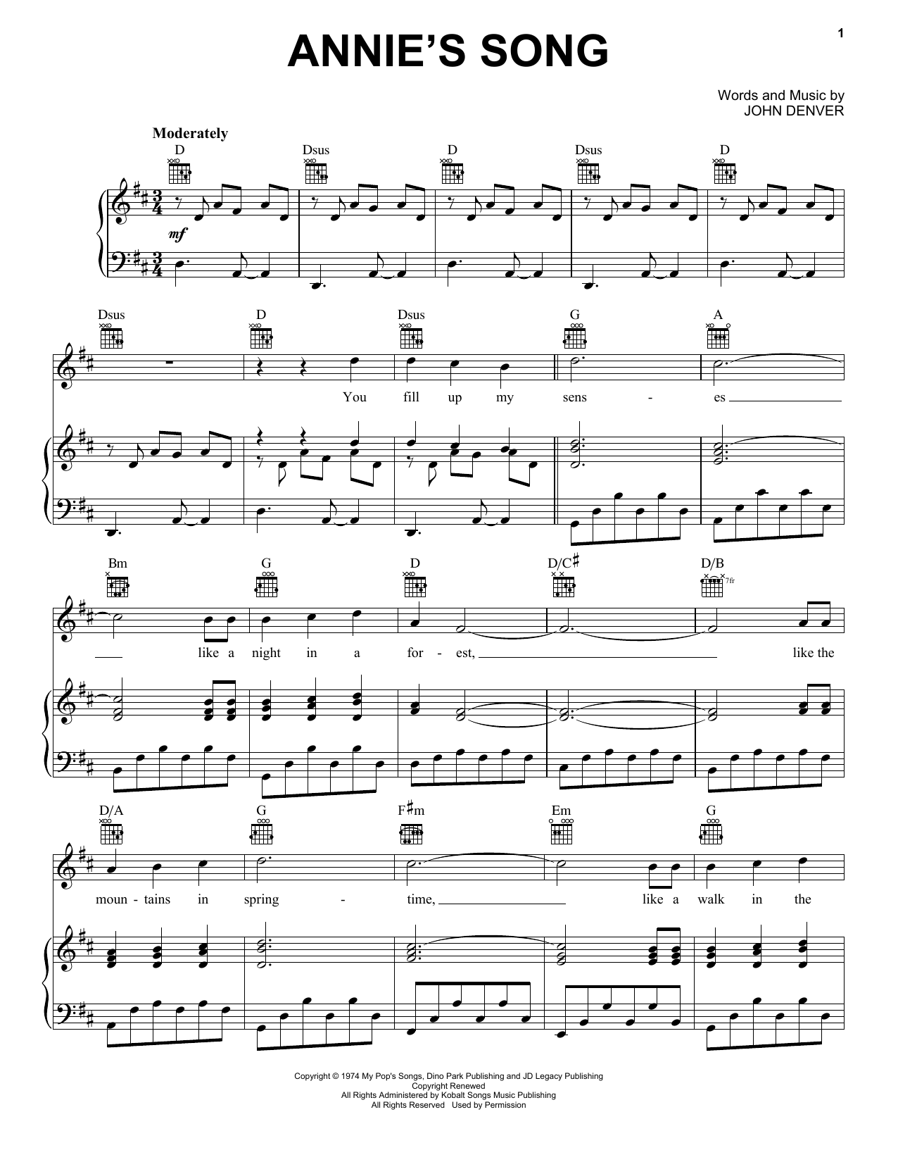 Annie's Song (Piano, Vocal & Guitar Chords (Right-Hand Melody)) von John Denver