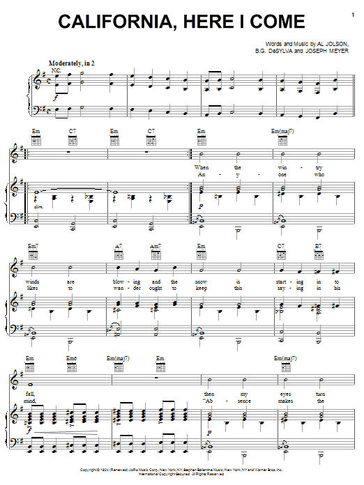 California, Here I Come (Piano, Vocal & Guitar Chords (Right-Hand Melody)) von Al Jolson