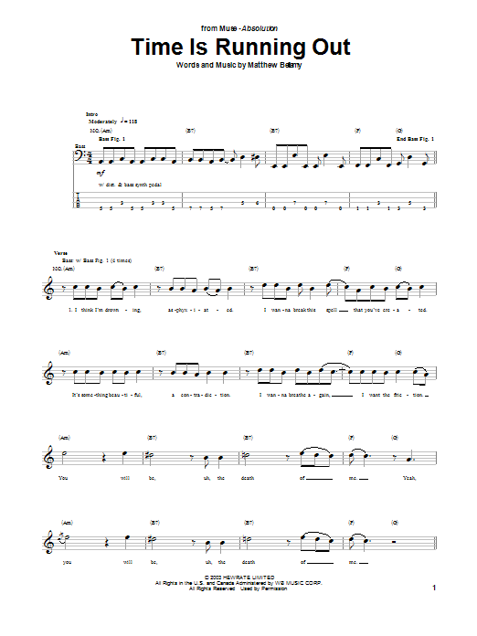 Time Is Running Out (Bass Guitar Tab) von Muse