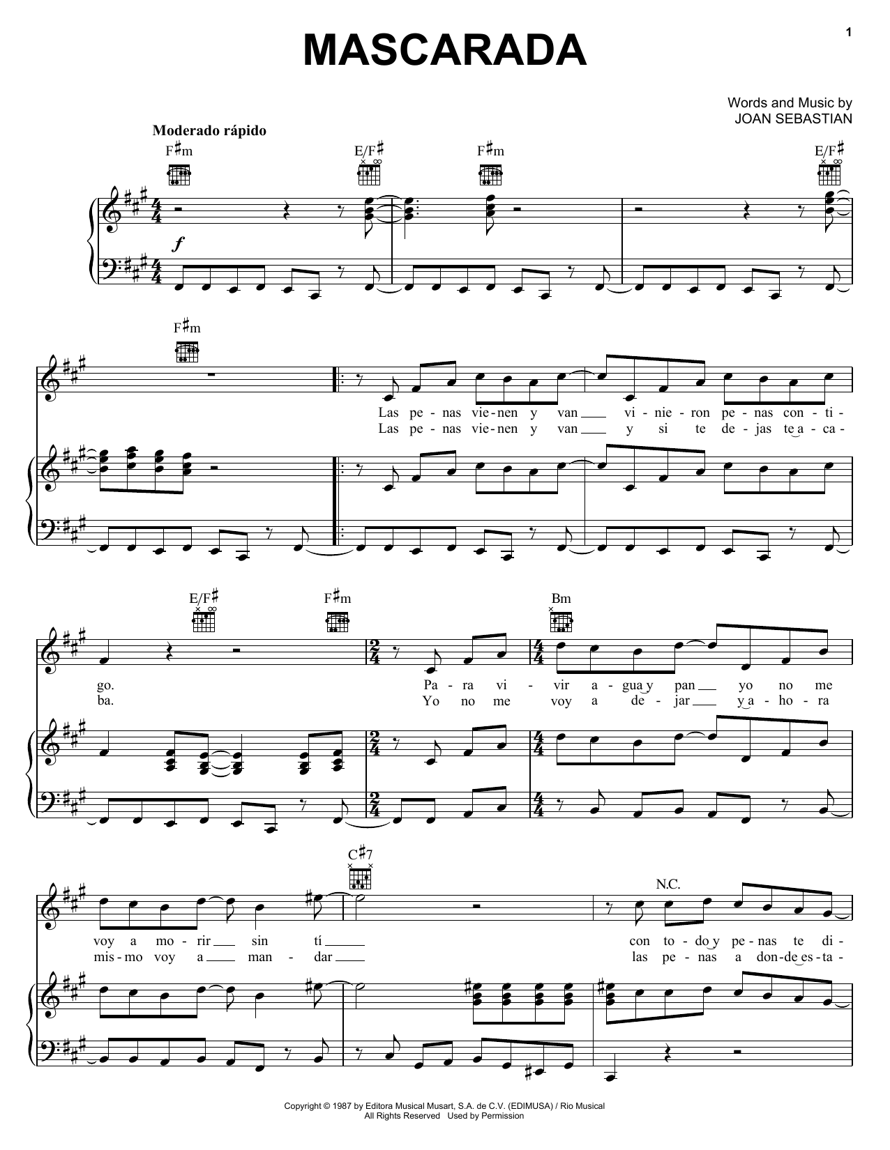 Mascarada (Piano, Vocal & Guitar Chords (Right-Hand Melody)) von Joan Sebastian