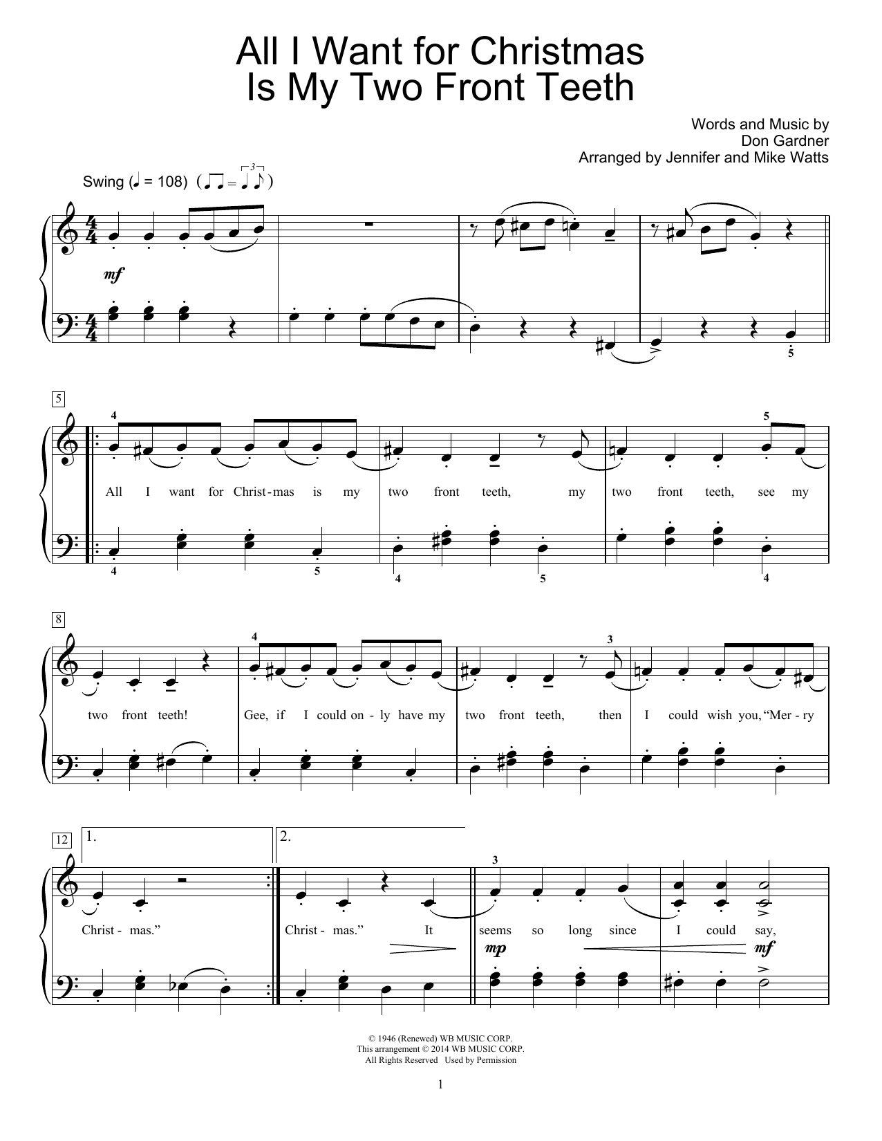 All I Want For Christmas Is My Two Front Teeth (arr. Jennifer & Mike Watts) (Educational Piano) von Don Gardner