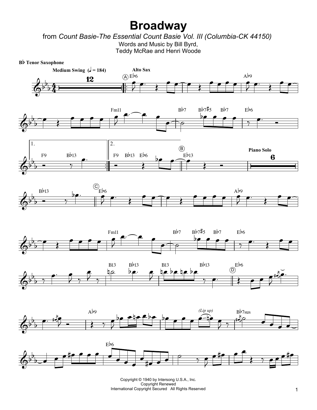 Broadway (Tenor Sax Transcription) von Count Basie