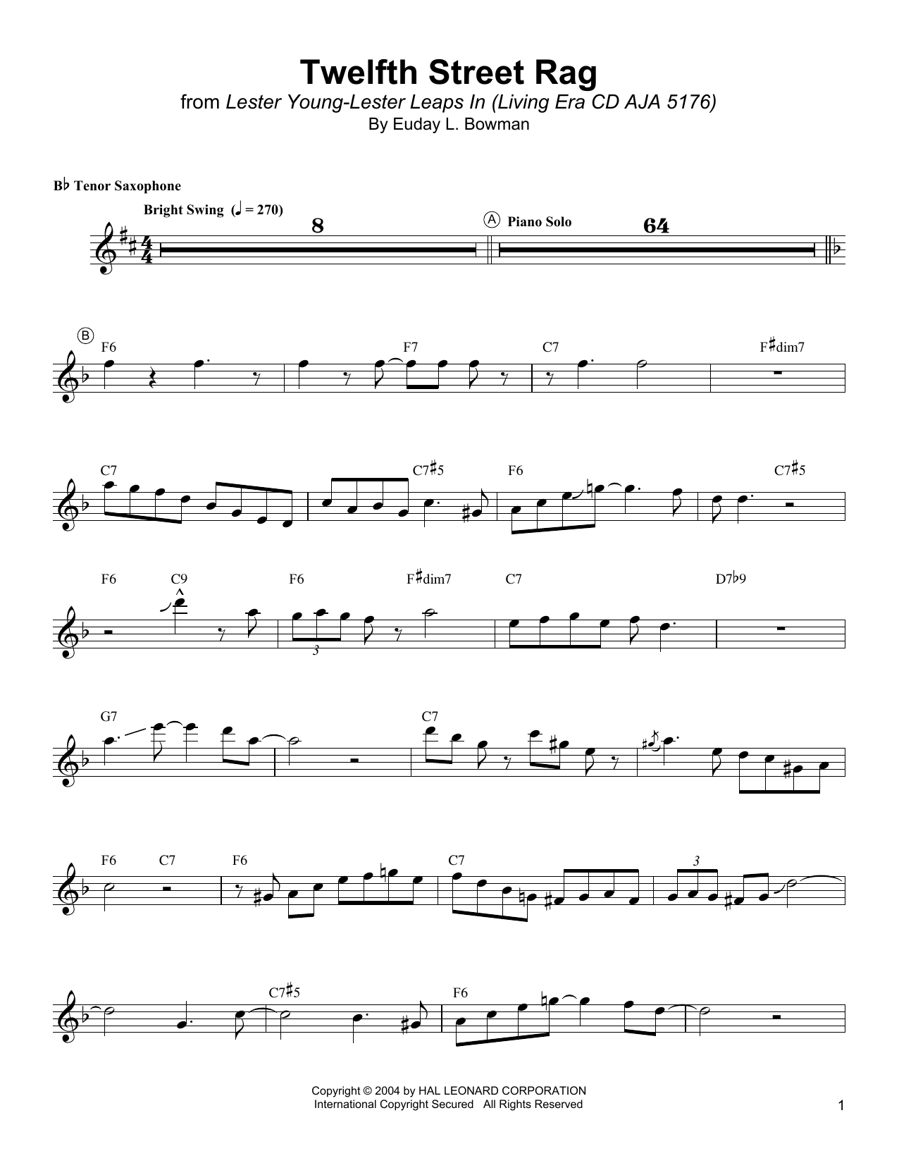 Twelfth Street Rag (Tenor Sax Transcription) von Lester Young