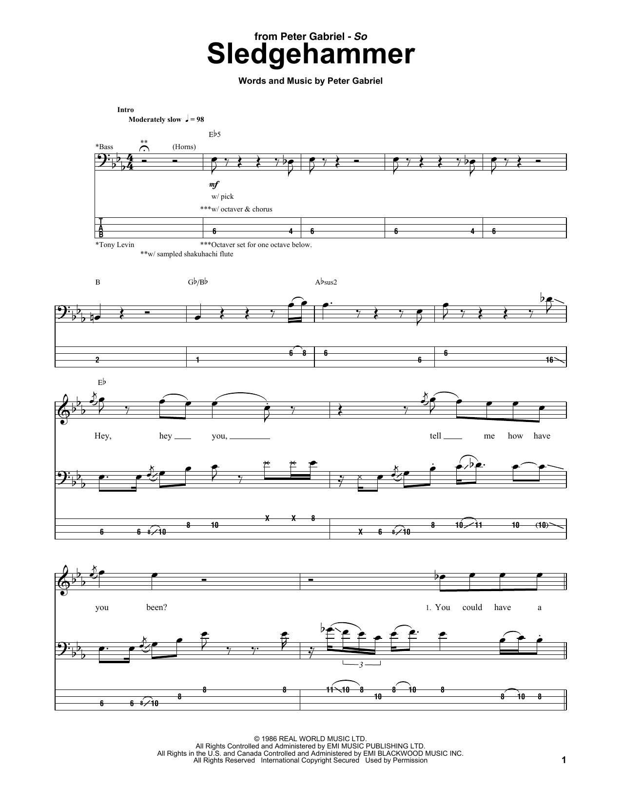 Sledgehammer (Bass Guitar Tab) von Peter Gabriel