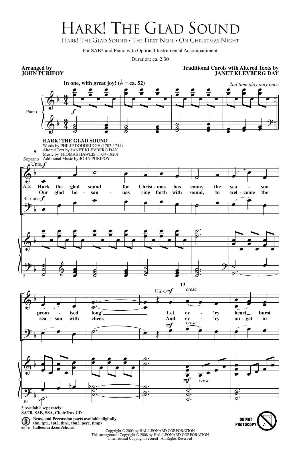 Hark! The Glad Sound (SAB Choir) von John Purifoy