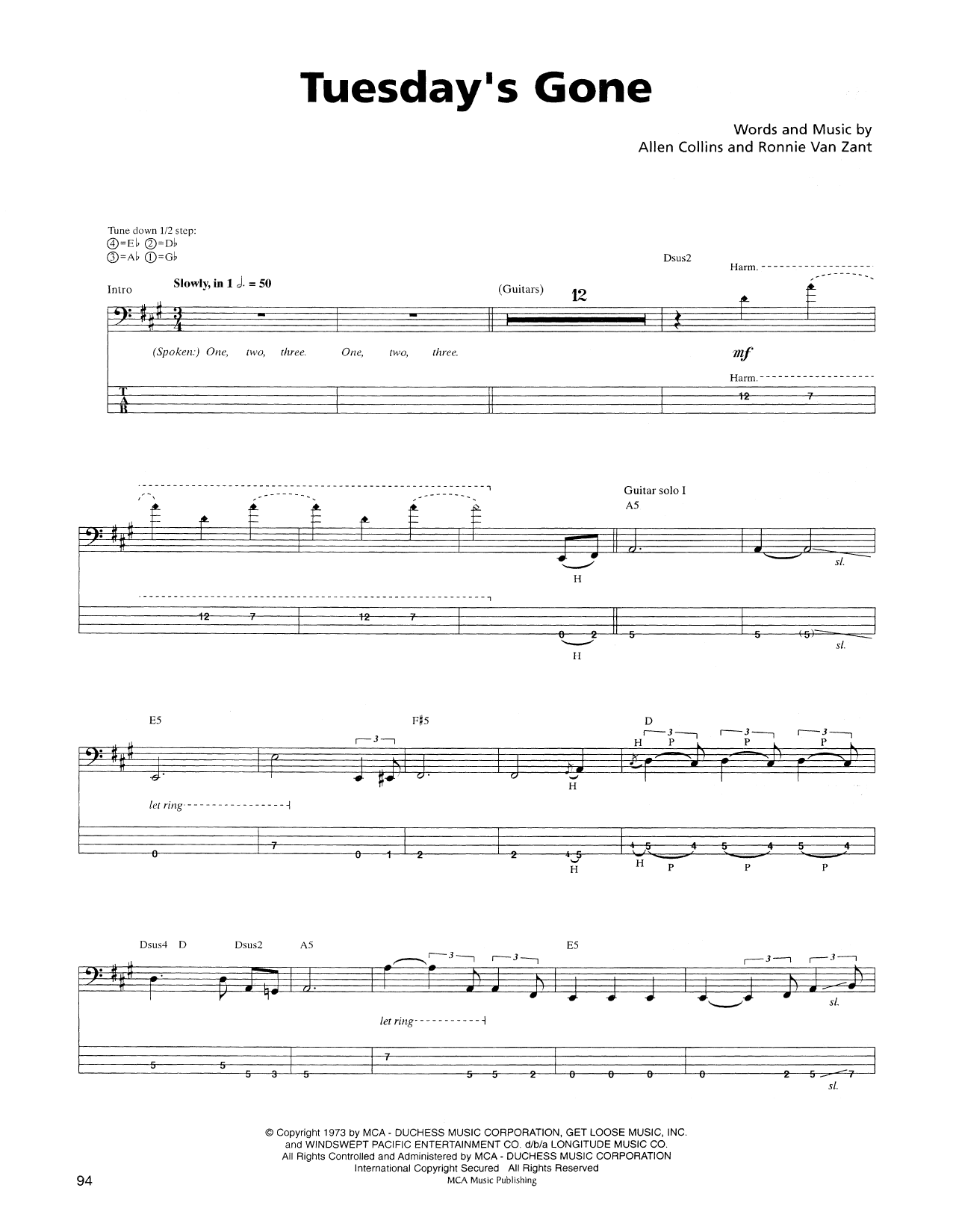 Tuesday's Gone (Bass Guitar Tab) von Lynyrd Skynyrd