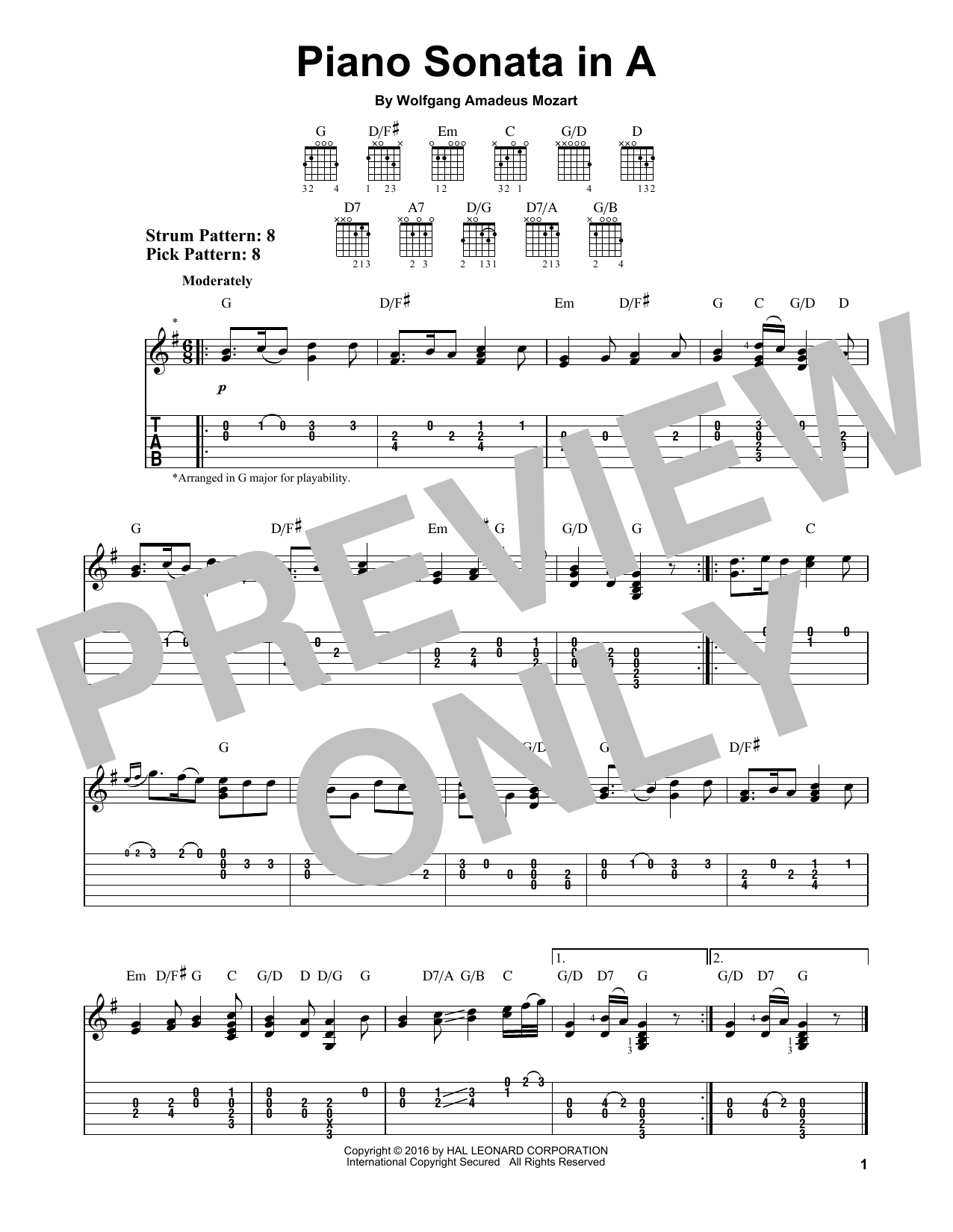 Piano Sonata In A (Easy Guitar Tab) von Wolfgang Amadeus Mozart