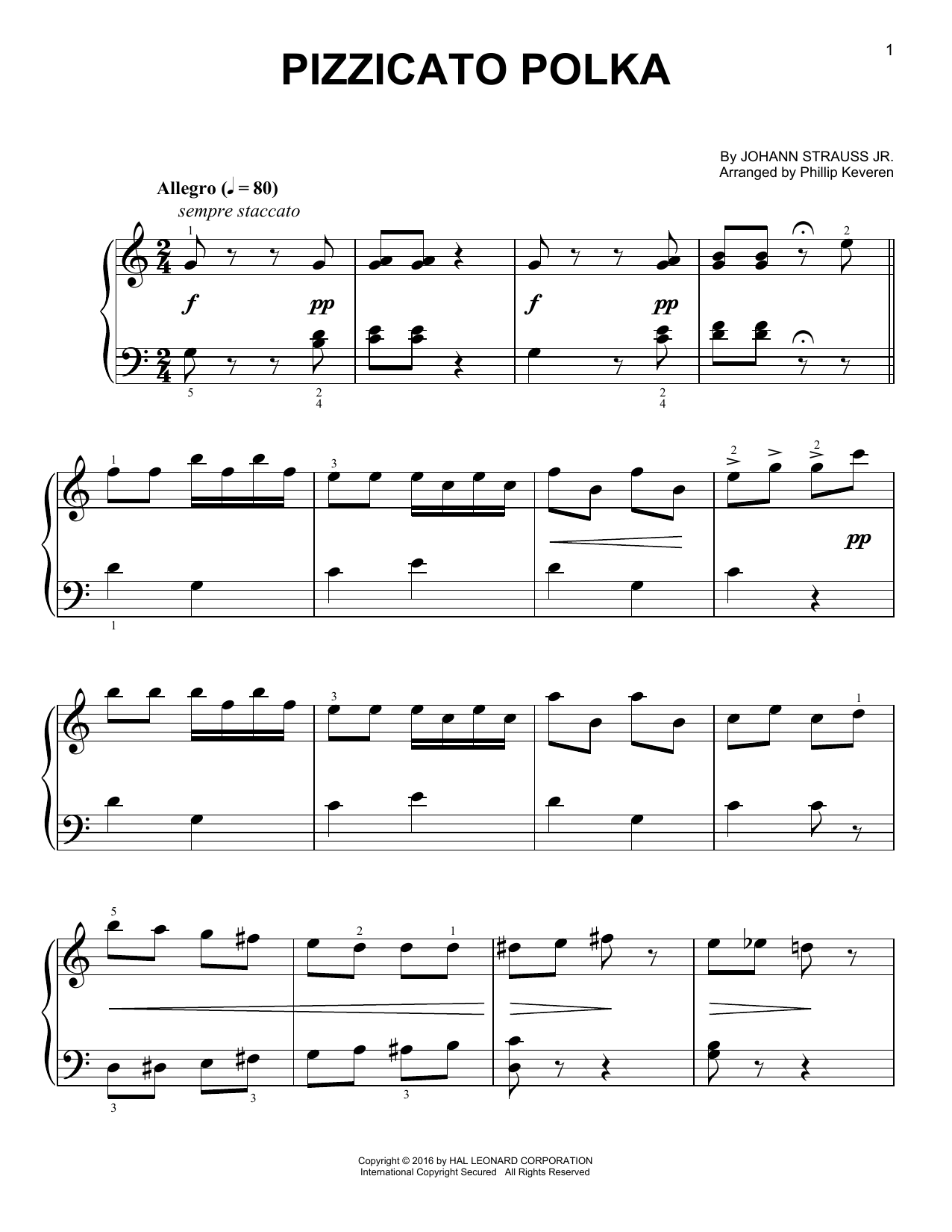 Pizzicato Polka [Classical version] (arr. Phillip Keveren) (Easy Piano) von Johann Strauss, Jr.