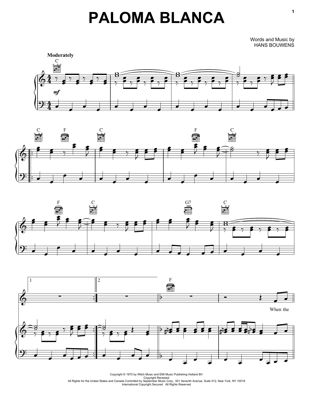 Paloma Blanca (Piano, Vocal & Guitar Chords (Right-Hand Melody)) von Hans Bouwens