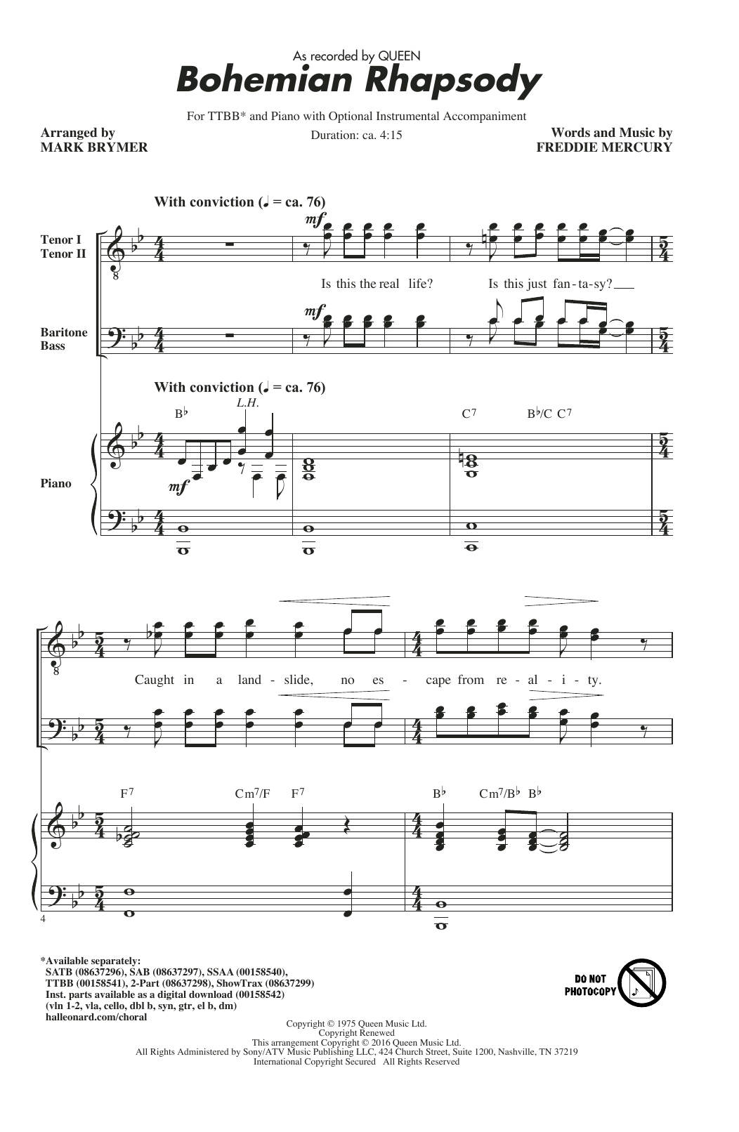 Bohemian Rhapsody (arr. Mark Brymer) (TTBB Choir) von Queen