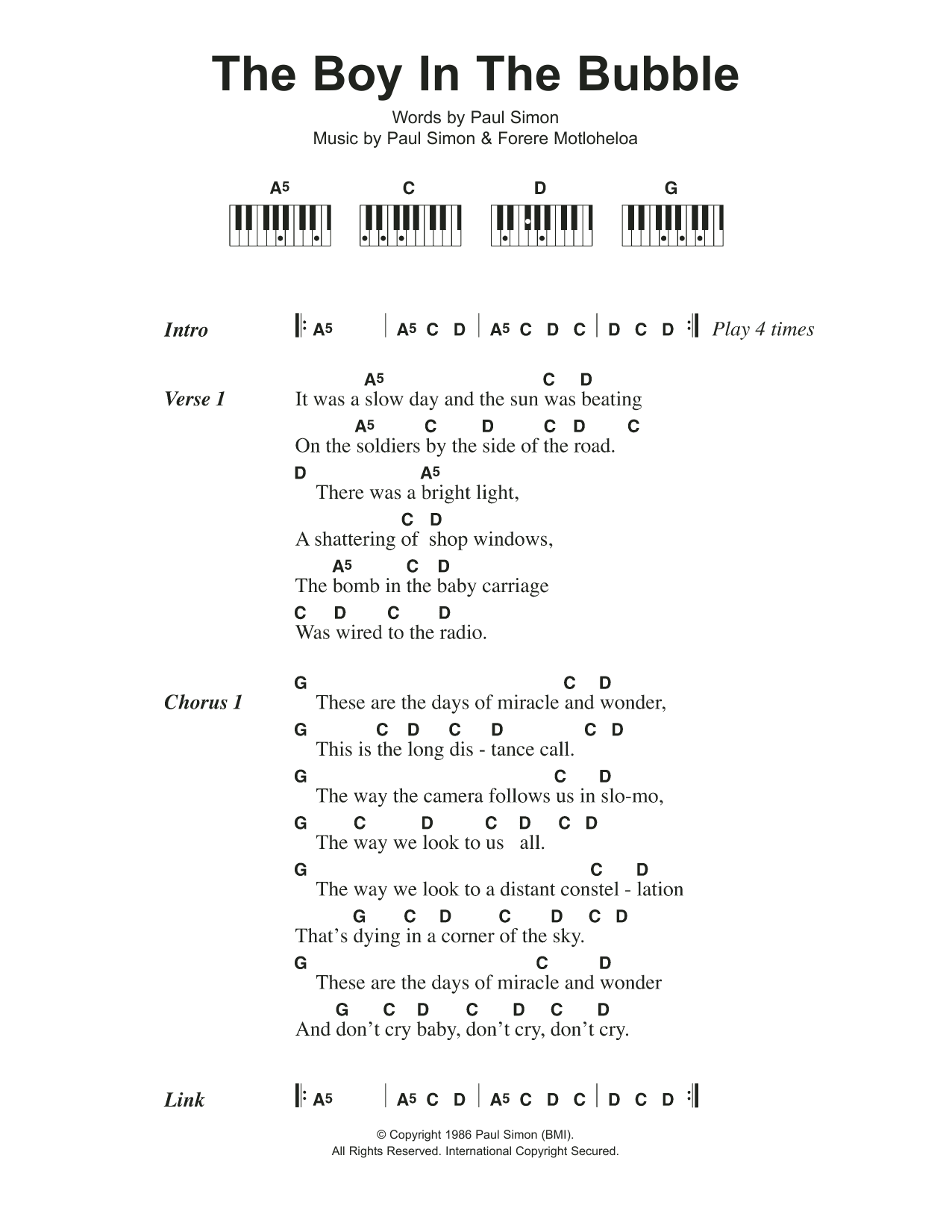 The Boy In The Bubble (Piano Chords/Lyrics) von Paul Simon