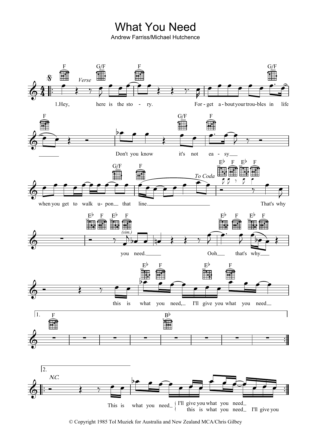 What You Need (Lead Sheet / Fake Book) von INXS