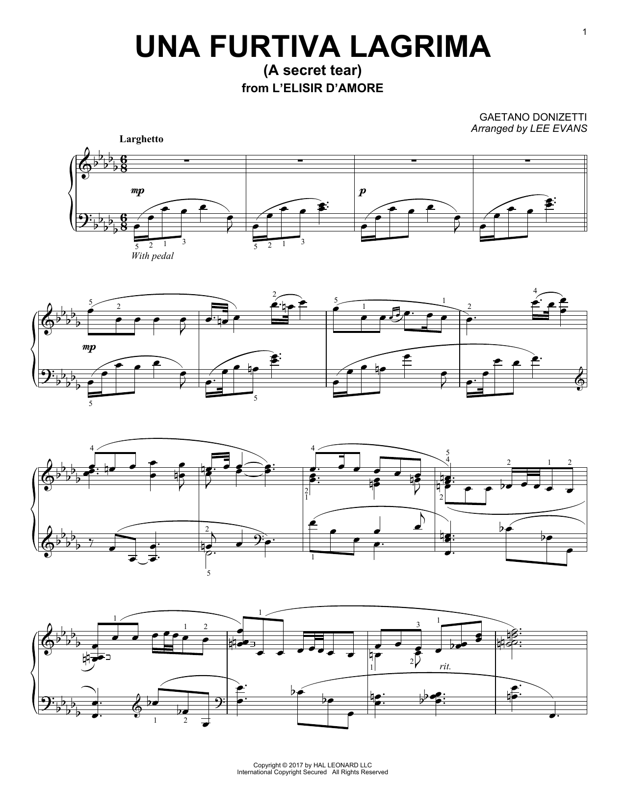 Una Furtiva Lagrima (The Elixir Of Love) (arr. Lee Evans) (Piano Solo) von Gaetano Donizetti