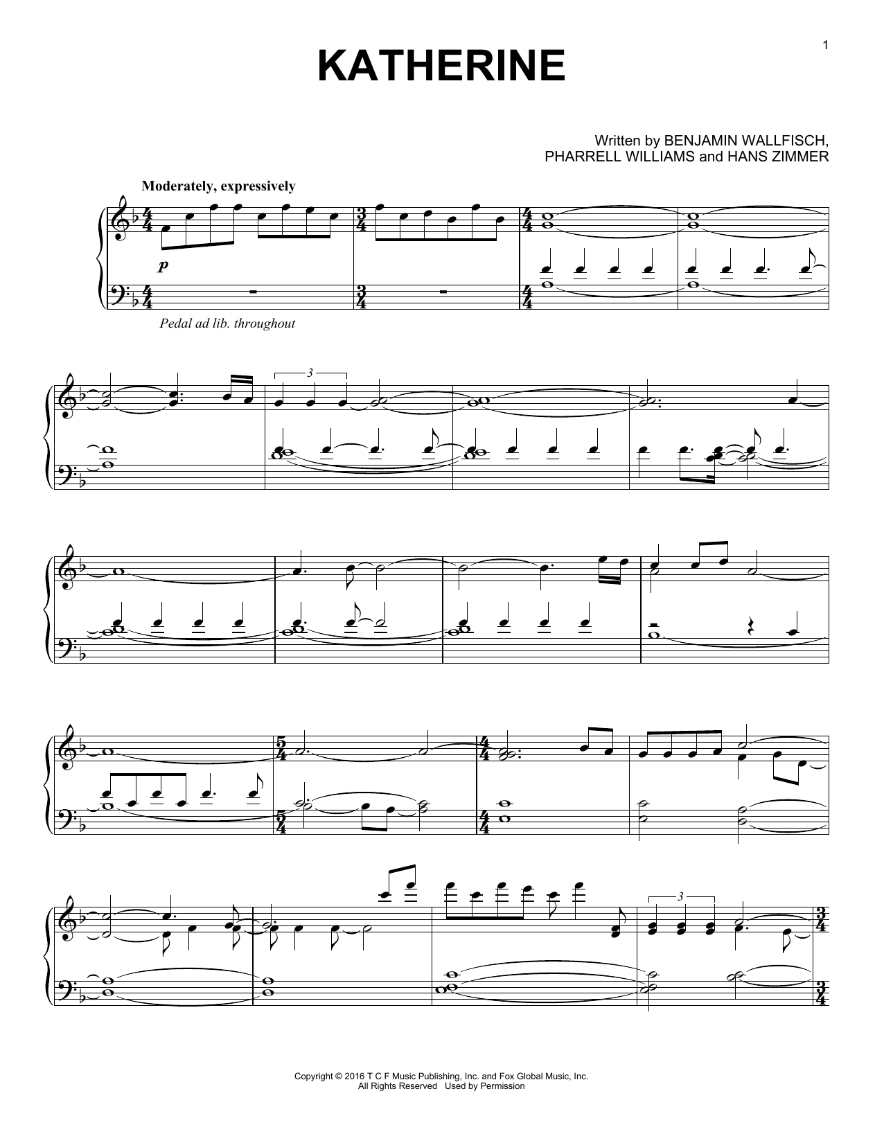Katherine (Piano, Vocal & Guitar Chords (Right-Hand Melody)) von Benjamin Wallfisch